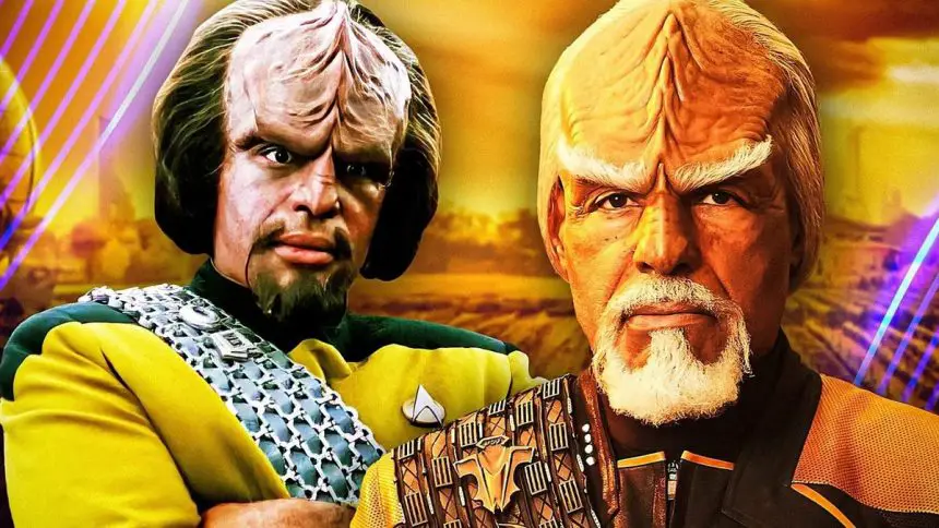 Worf de Star Trek em um cenário sombriamente iluminado