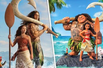 Cenas do filme Moana live-action com Catherine Lagaʻaia e Dwayne Johnson