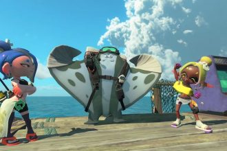 Imagem do trailer de Splatoon Raiders mostrando a ação nas Spirhalite Islands.